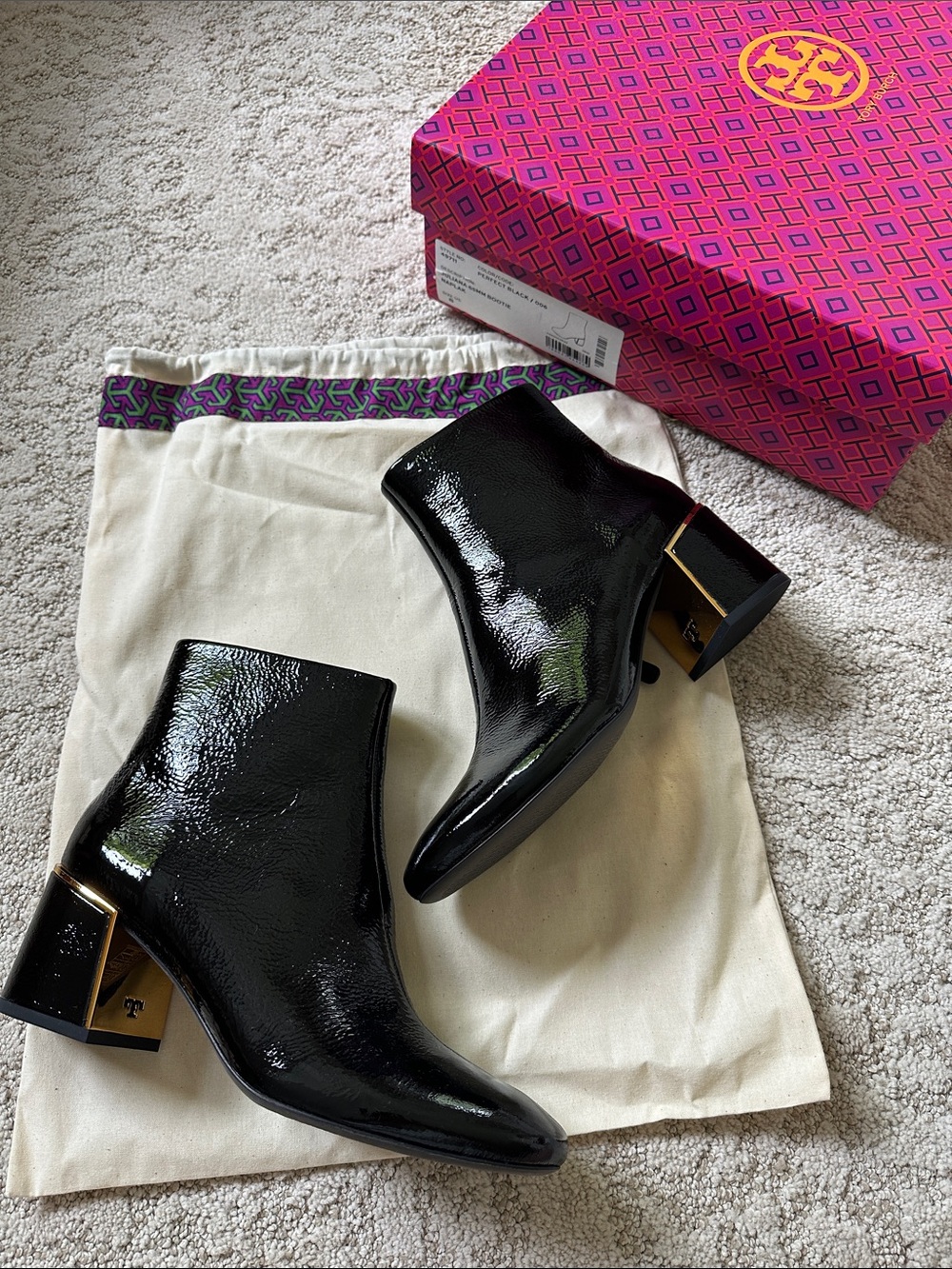 Tory Burch Black Patent Leather Block Heel Ankle Boots